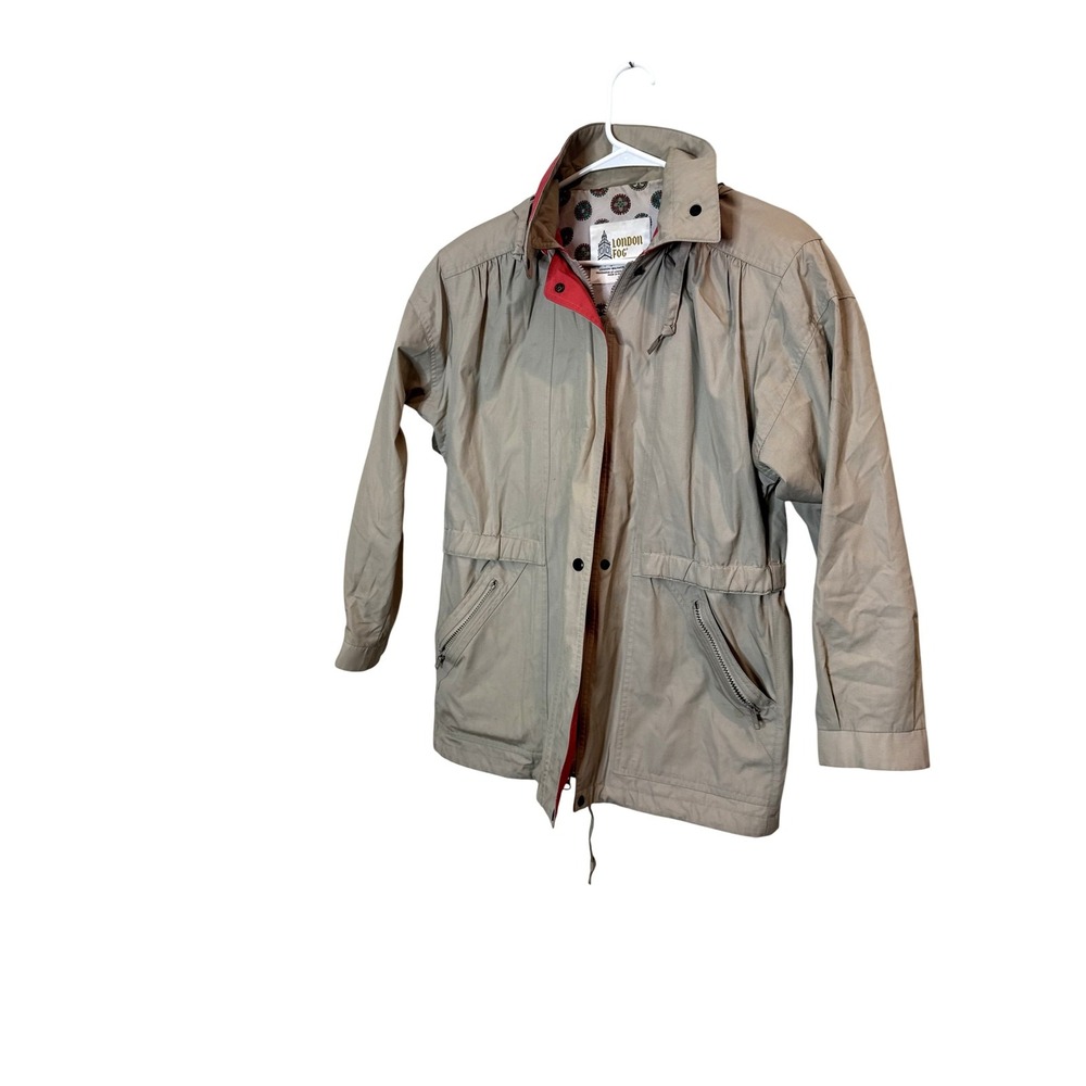 Vintage London Fog Jacket Womens Small Beige Hooded Anorak Lined Zip 80s Twill